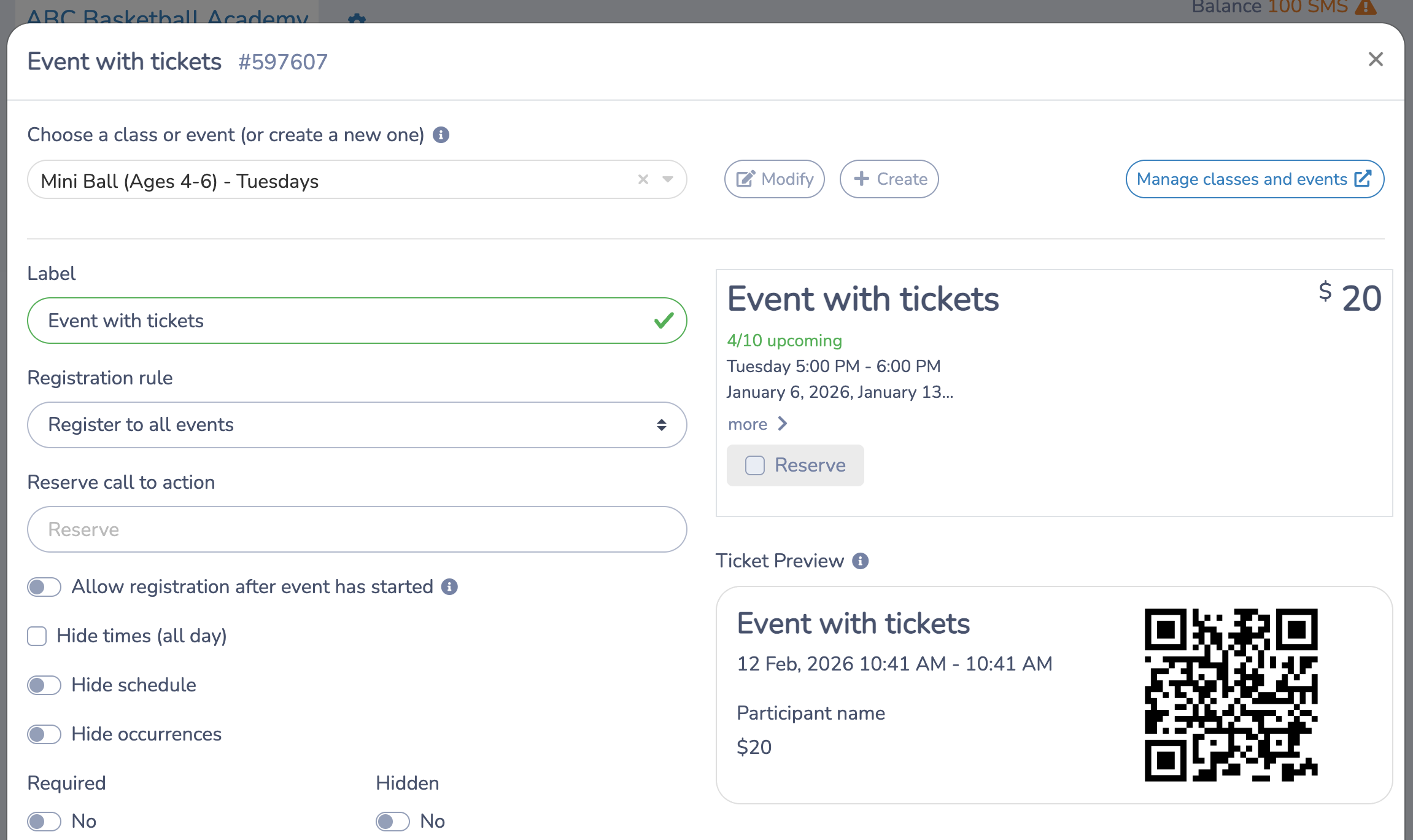 Basketball management software ticket example